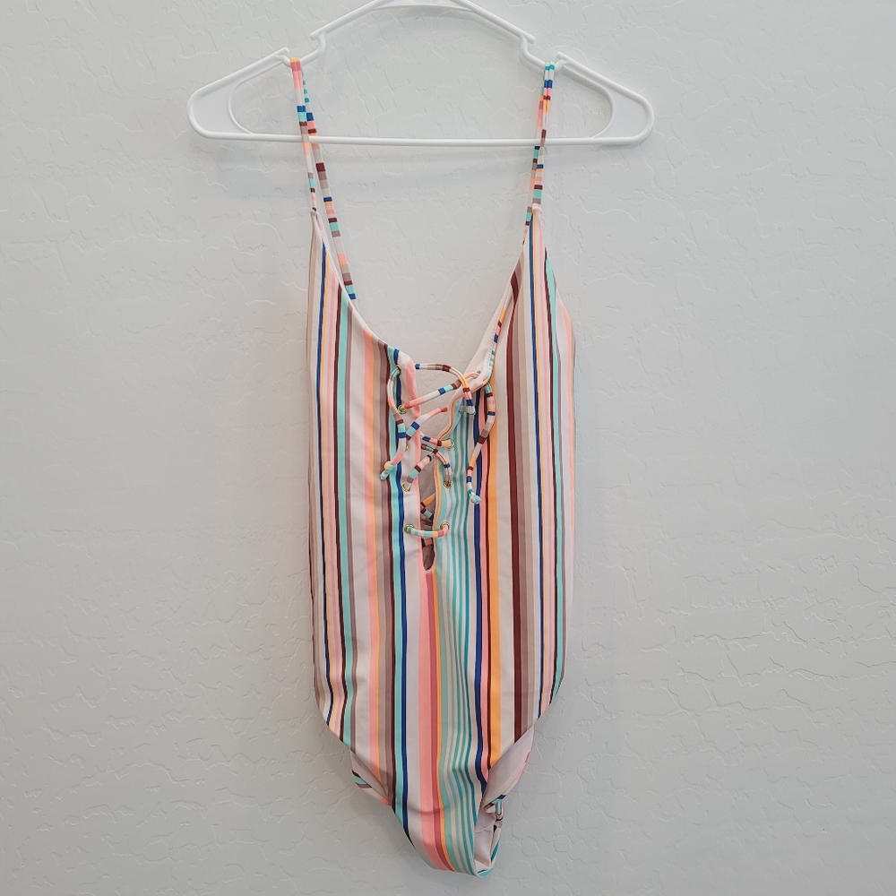 💕 No Boundaries Junior Sorbet Striped Lace Up One Piece Swimsuit Size Large - Picture 10 of 10